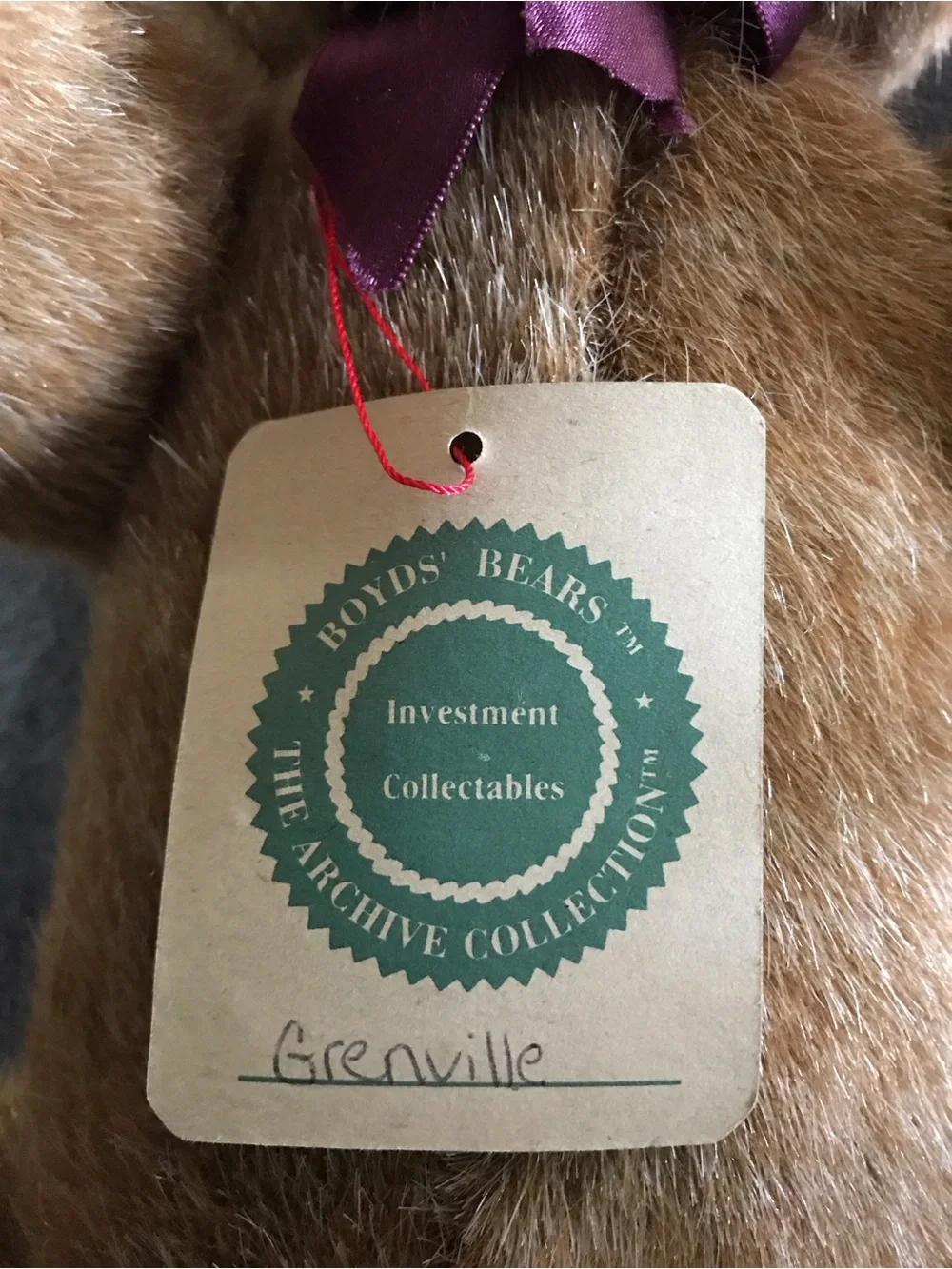 Boyds Bears Brown Plush Teddy with Burgundy Ribbon and Red String Tag